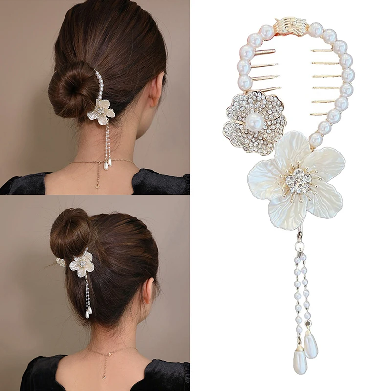 Camellia Tassel Hair Clip Pearl Ponytail Clip Fixed Hair Claw Women Bun Barrettes Hairpins Hair Accessories Headwear