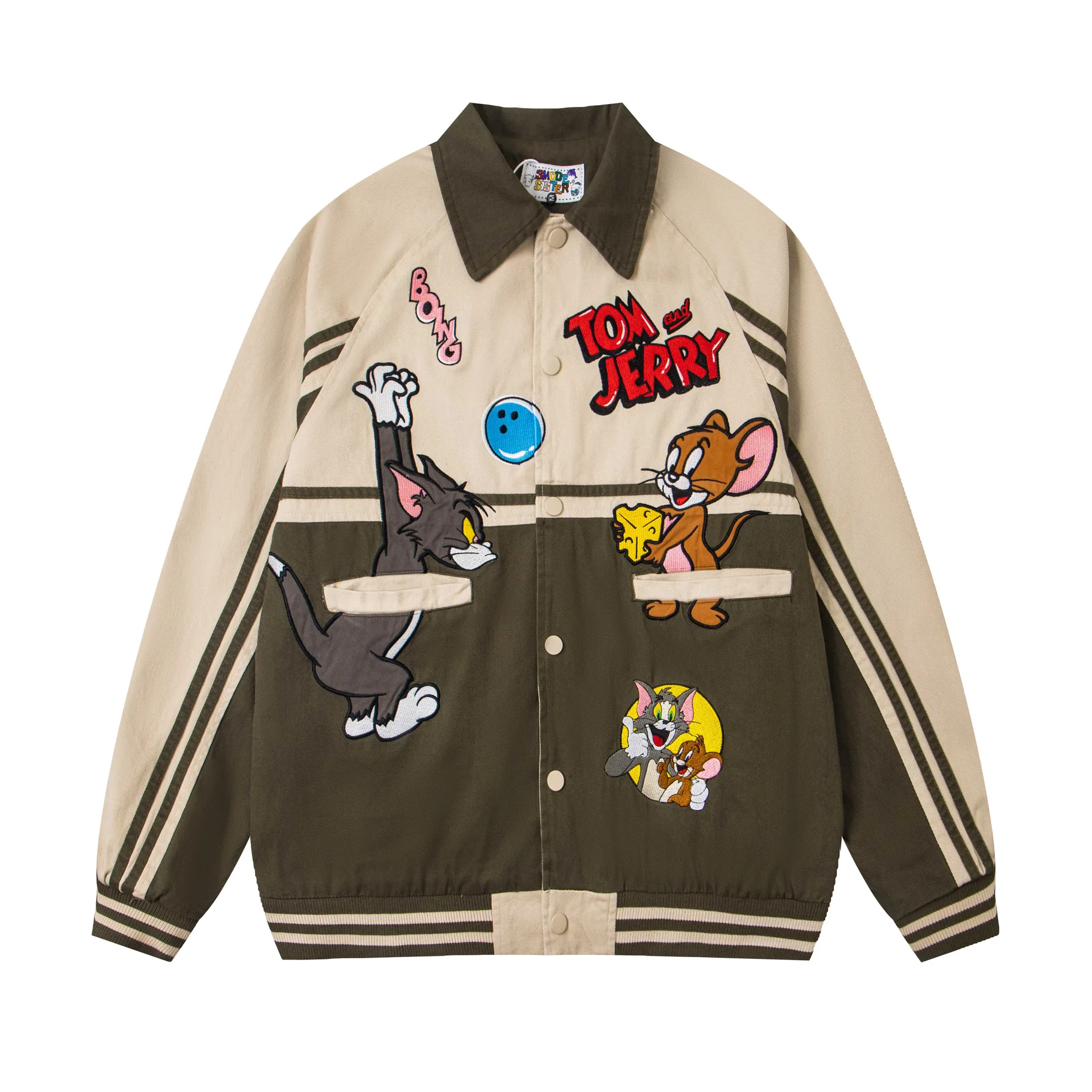 

American Retro Fun Cartoon Embroidery Leather Patch Lapel Jacket Unisex BF Loose Casual