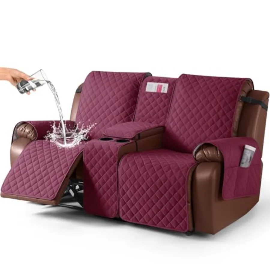 

Burgundy 100 Waterproof Recliner Loveseat Cover with Console Non-Slip for 2 Seat Reclining Couch Covers with Elastic Straps Fur