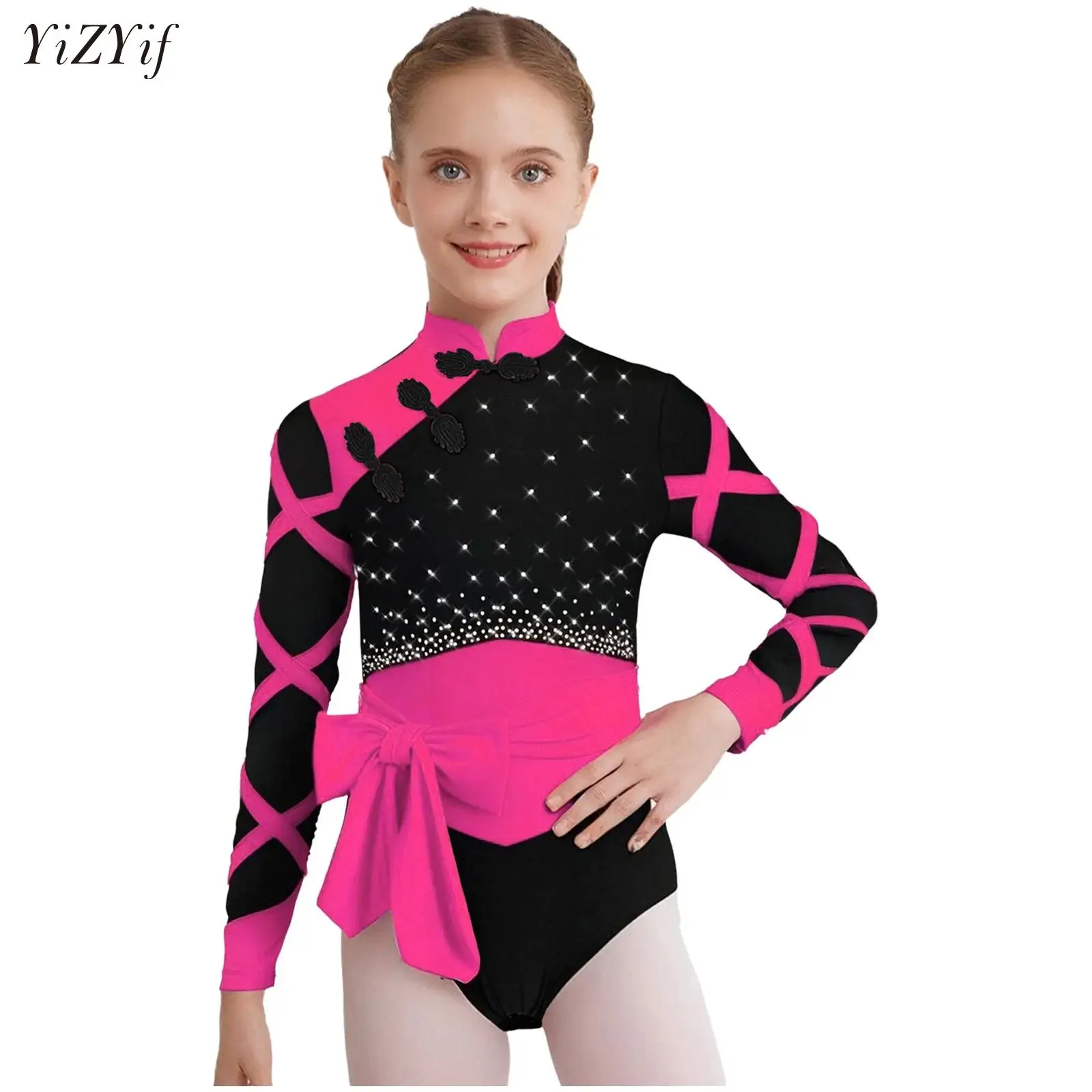 

Kids Girls Chinese Style Gymnastics Outfit Knot Button Long Sleeve Rhinestones Color Block Leotard Ballet Dance Jersey Dancewear