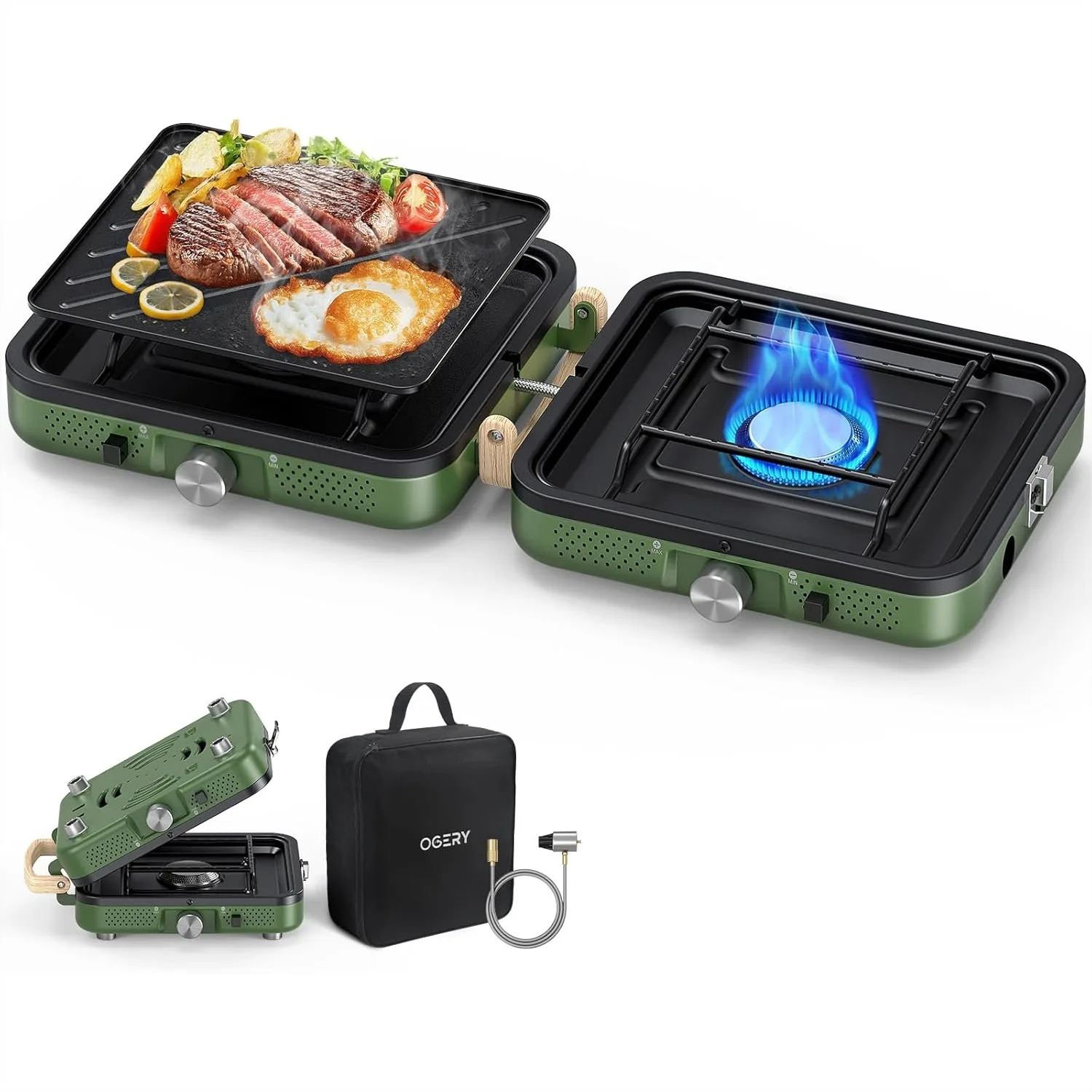 

2-Burner Foldable Camping Stove with Griddle, Portable Propane Camp Stove with Dual-Function Cooking Surface and Piezo Ignition