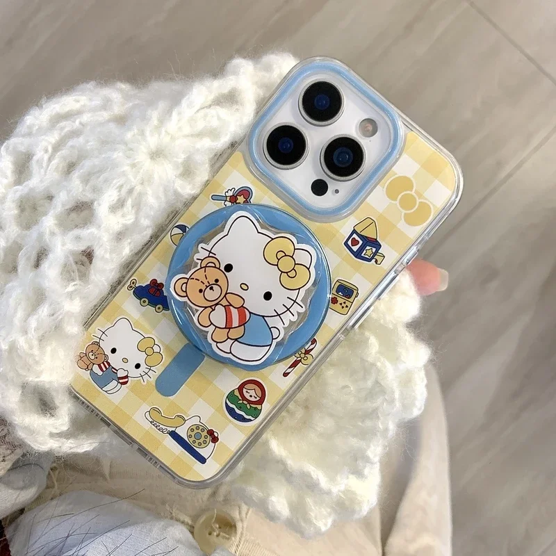 

Cute Cartoon Sanrio Hello Kitty Magnetic Grip Holder Magsafe Wireless Charge Phone Case For iPhone 16 15 14 13 Pro Max Cover