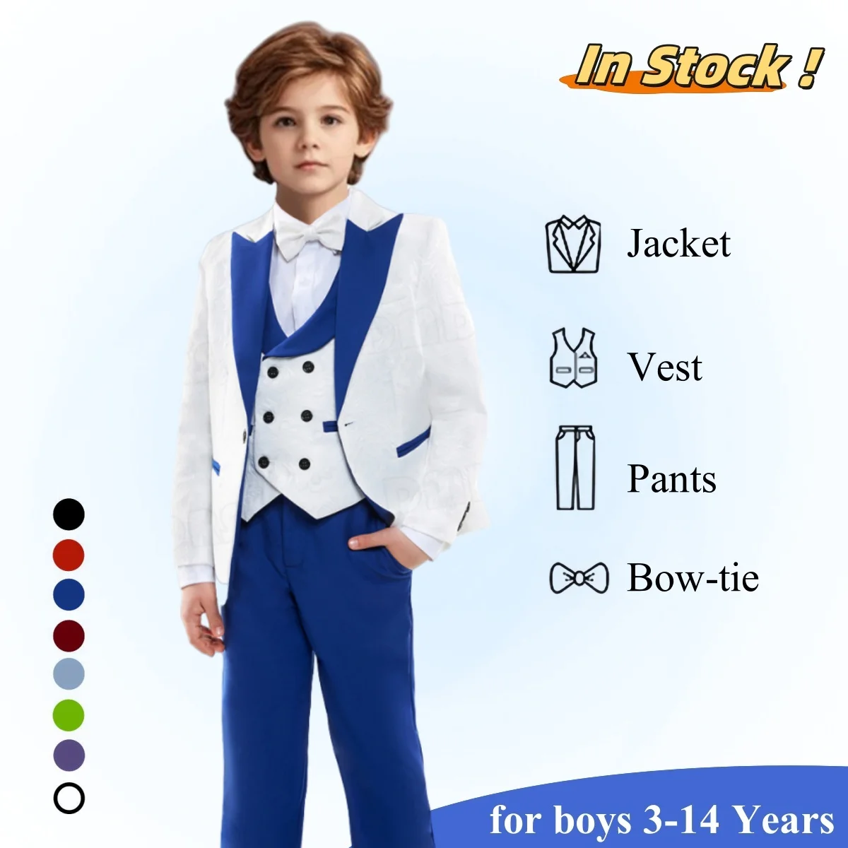 

White Jacquard Wedding Guest Suit for Boys 3-14 Yrs - 4 Pieces Slim Fitting Formal Tuxedo Pants Jacket Vest Bow - Fast Ship