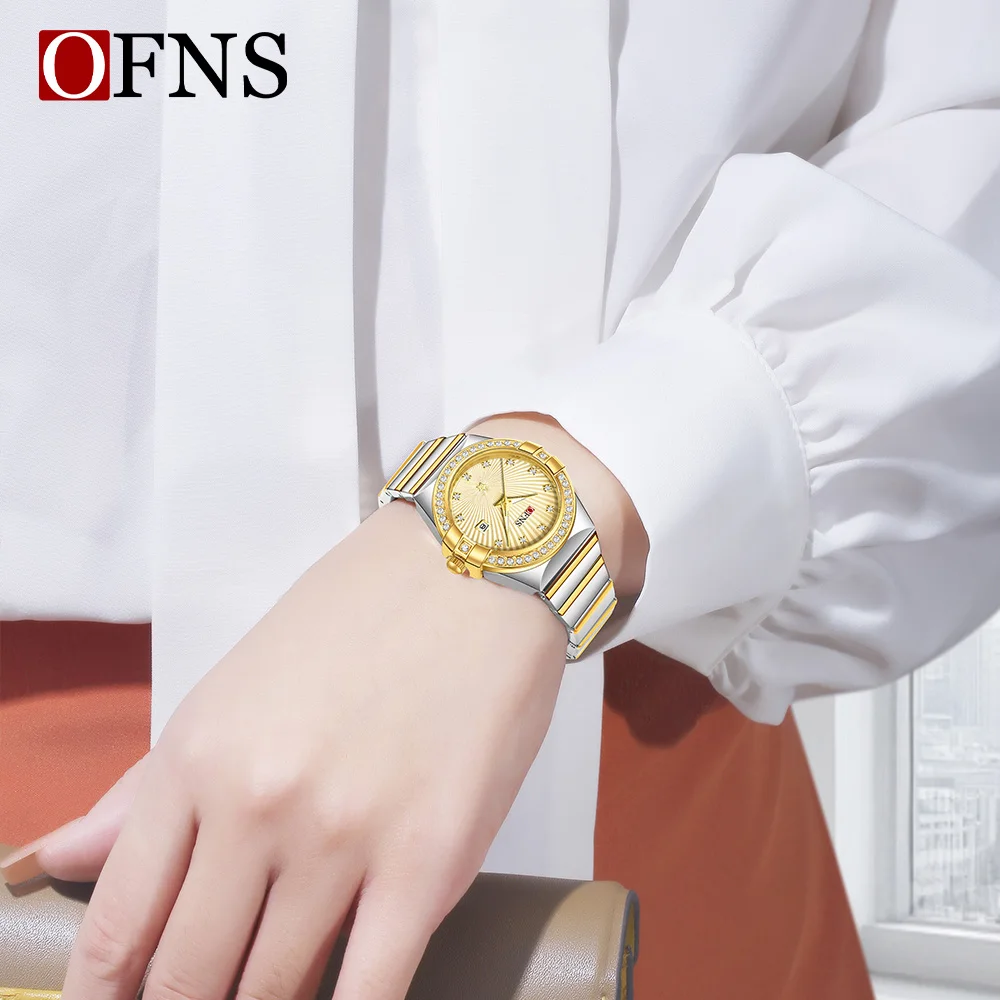 OFNS 1569 Fashion Korean Edition Diamond encrusted Women's Quartz Watch Waterproof Calendar Night Light Women's Quartz Watch