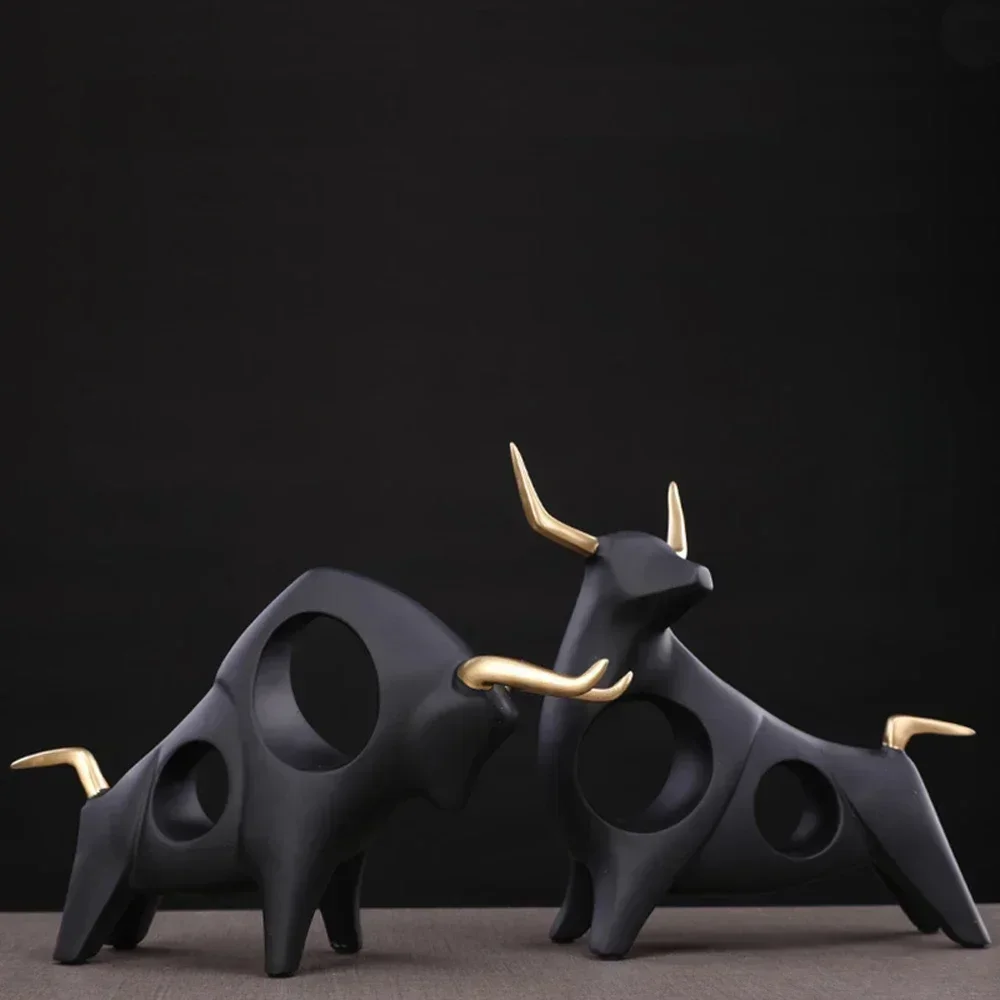 

1 Pair 3D Bull Statue Home Decor Figurine Animal Abstract Sculpture Modern Room Table Decoration Art Decorative Resin Statues