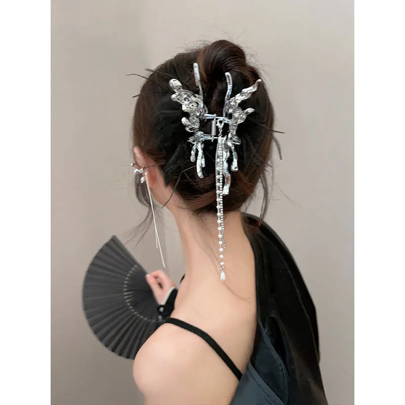 Alien Irregular Metal Hollowed Out Long Tassel Chain Butterfly  Hair Claws for Women Girl Trendy Punk Y2K Jewelry HUANZHI NEW