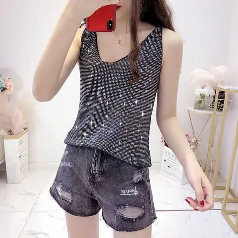 Bright Silk Hot Diamond Knitted Ice Silk Tank Top for Women Summer Loose Bottom Top Sleeveless V-neck Top