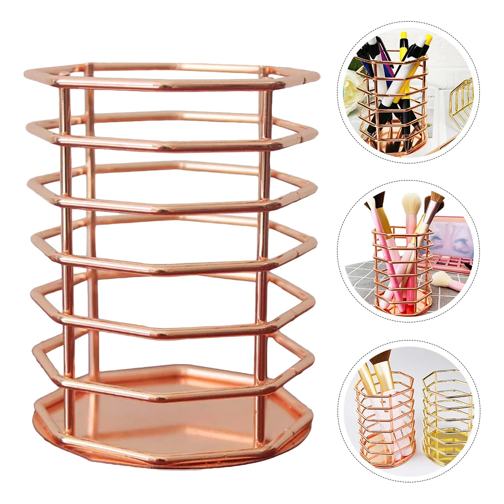 

Metal Pen Holder Desktop Storage Box Stationery Container Rose Gold Iron Material ganizer Brush Bucket Octagonal Design Strong