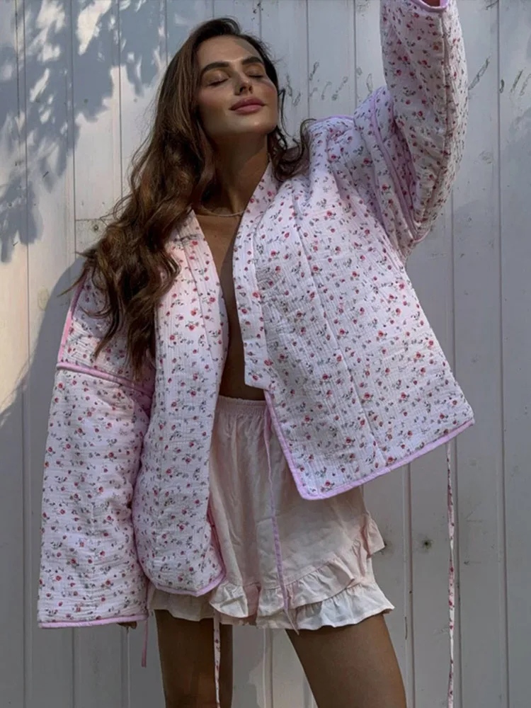 Reversible Jacket Retro Print Color Block Coat Woman Lapel Collar Top Striped Patch Pocket Outerwear Winter Autumn Clothes