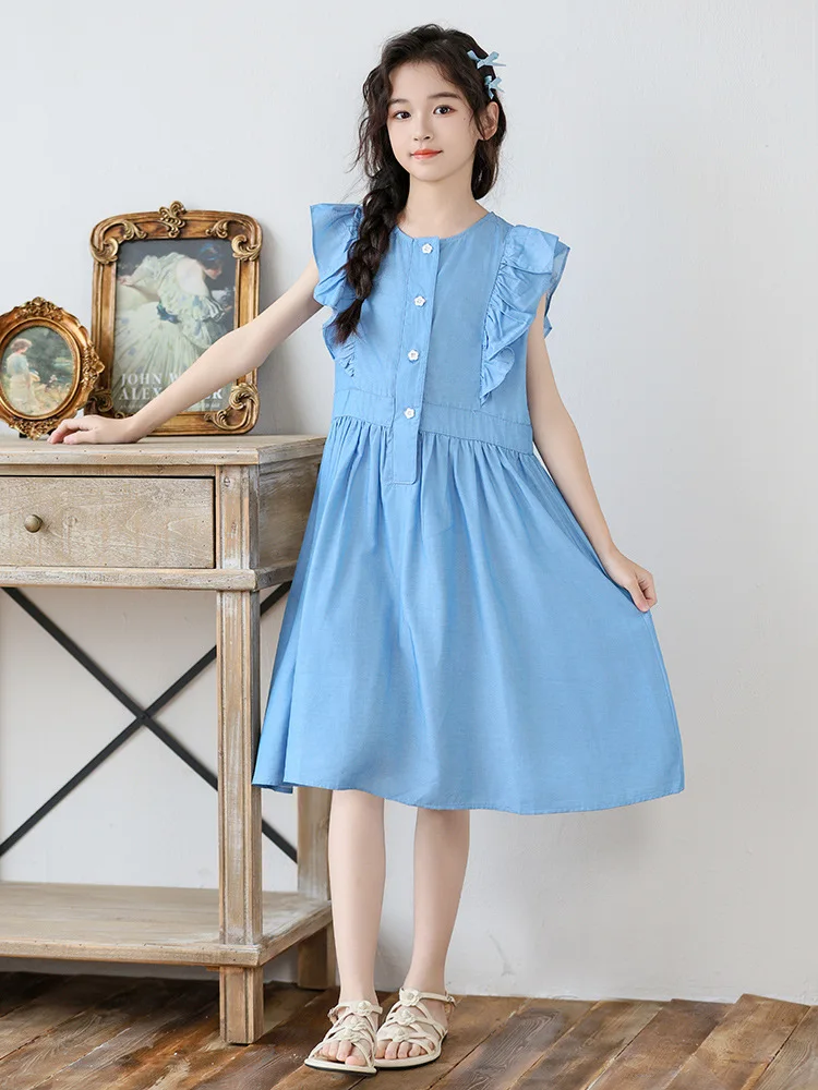 Teens Girl Korean Casual Dress 2024 Summer Big Girls Solid Dresses Cute And Sweet Flying Sleeves Dress Button Kids Clothing New