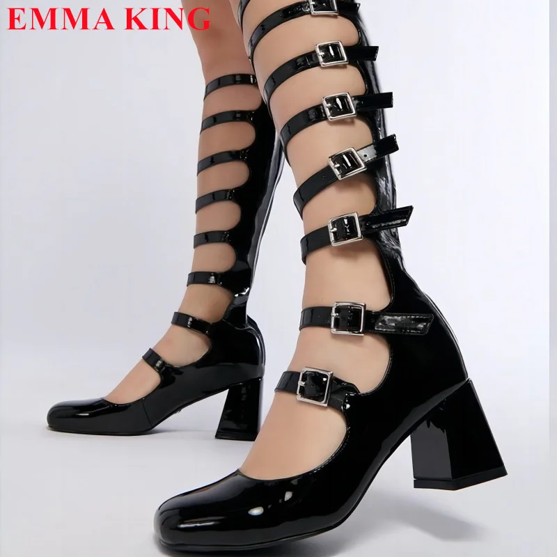 

Women Black Patent Leather Knee High Boots Buckle Round Toe Cutouts Gladiator Sandals Boots Sexy Thick Heel Gothic Shoes Woman