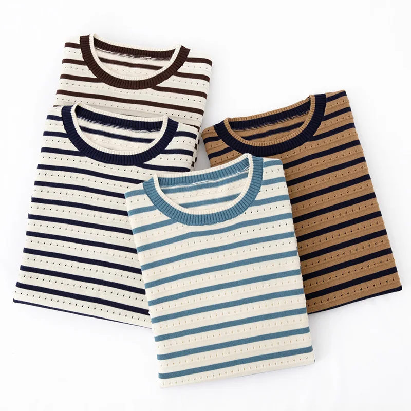 

Pure cotton round neck striped knitted short sleeved women's loose and comfortable breathablehalf sleeved T-shirt top summerthin