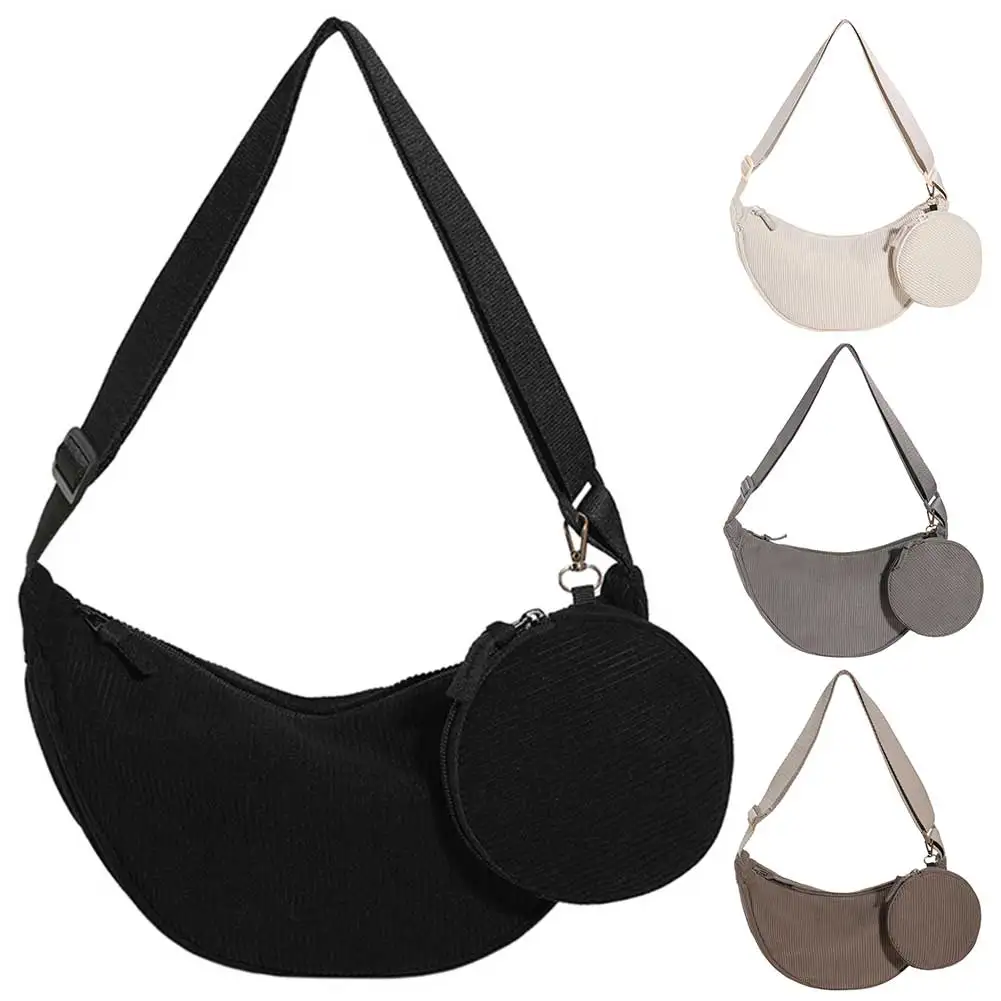 코듀로이 슬링 크로스바디 백 조절 가능한 스트랩 여성용 하프 문 백 지퍼 클로저 2개 세트 쇼핑 데이트 휴가용