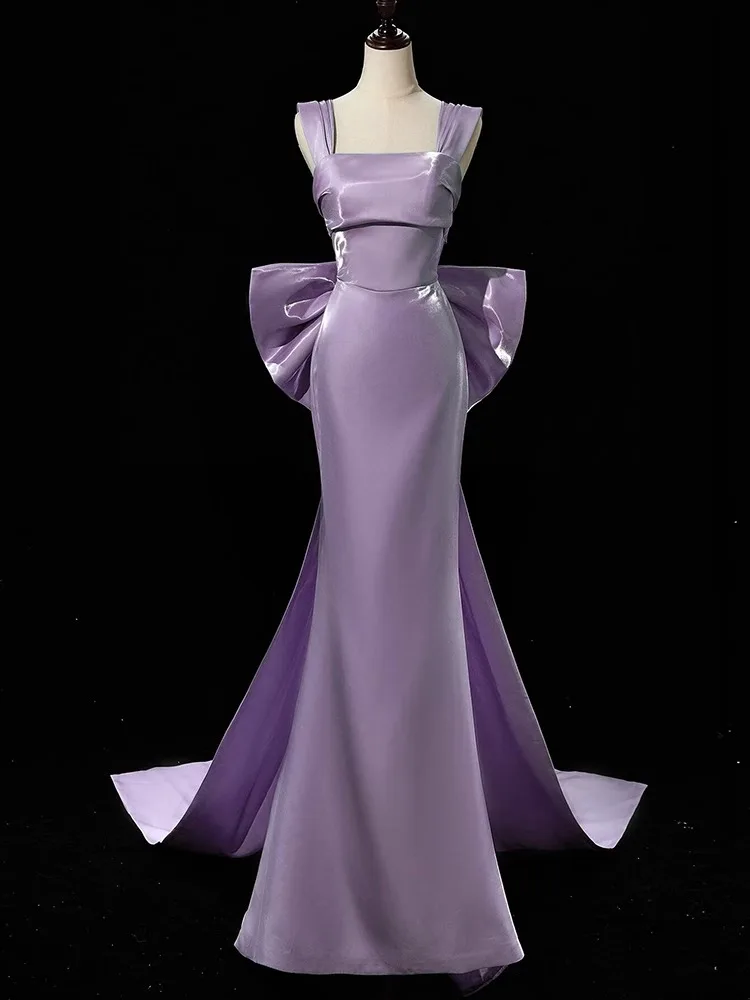 

Ele Purple Engagement Evening Gown with Bow Detail Luxury Sensation Wedding Dr for Women Long Tailored Skirt