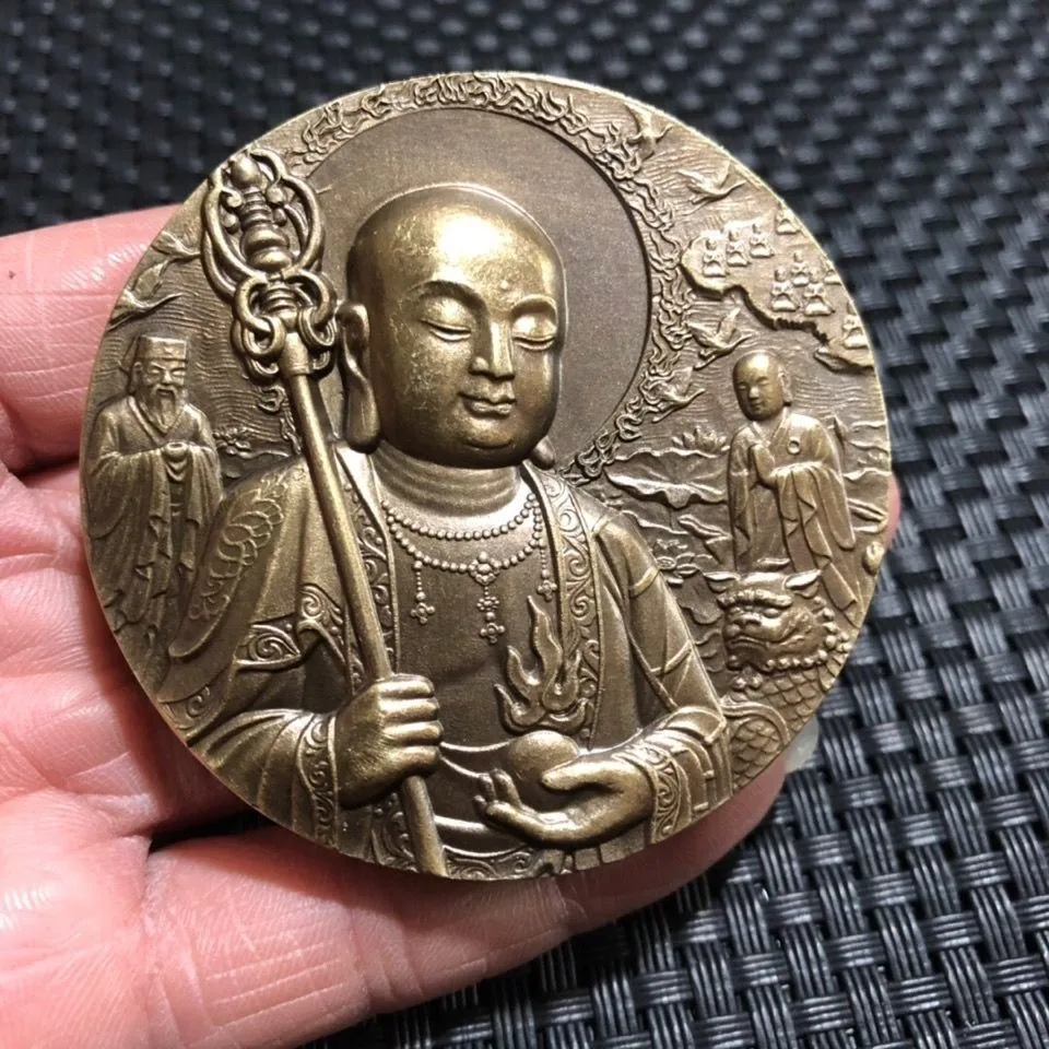 Solid Copper Earth Treasure Bronze Earth Treasure King Bodhisattva Buddha Statue Relief Buddha Hand Bronze Medal Round Plaque