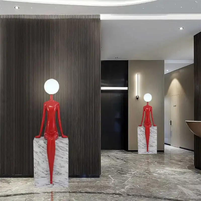 

Sitting humanoid art sculpture decoration, creative home living room, light and luxurious background, bedroom floor lamp