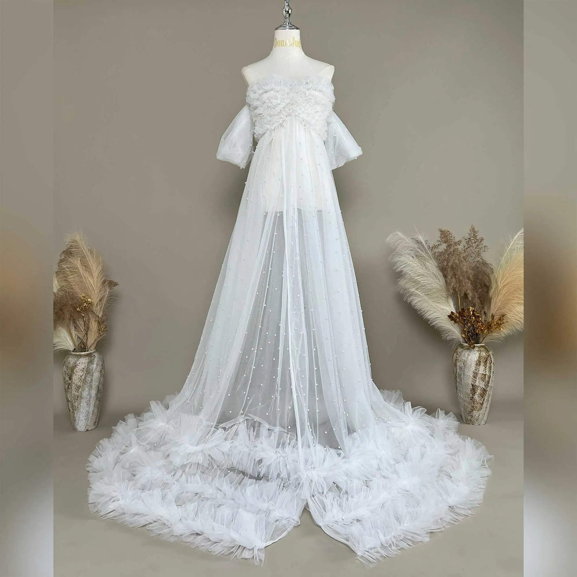 

Maternity Photography Sweet Tulle Beaded Decorative Strapless Front-Slit Dress Photo Shooting Clothing Baby Shower Dresses