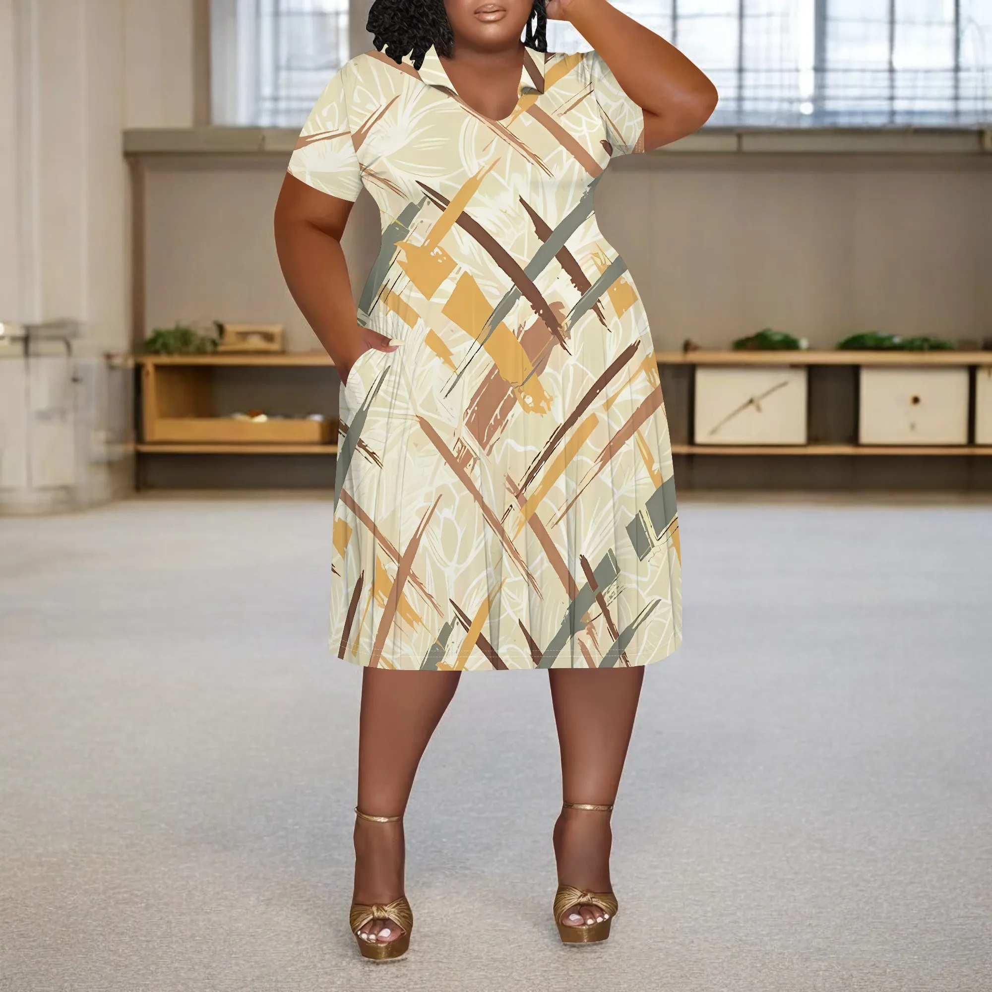 Plus Size Graphic Stripe Print Midi Dress V Neck Summer Casual Loose Fit Dress