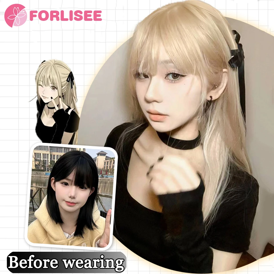 FORLISEE Golden Long Straight Synthetic Wigs For Cosplay Natural Hair Wig with Bangs For Women Heat Resistant Party Hairs