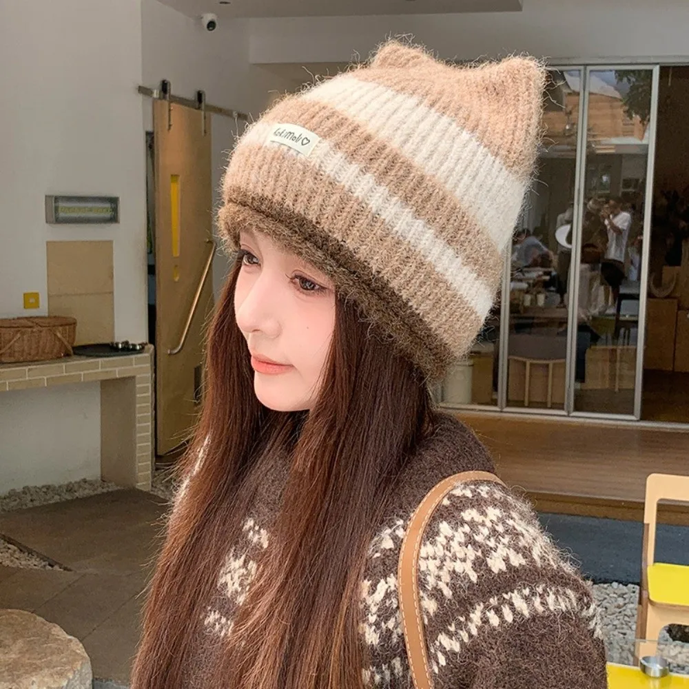 Wool Polyester Mix Striped Knitted Beanie Hat 56cm To 58cm Head Circumference Stretchy Fit Earflap Cat Ear Beanie