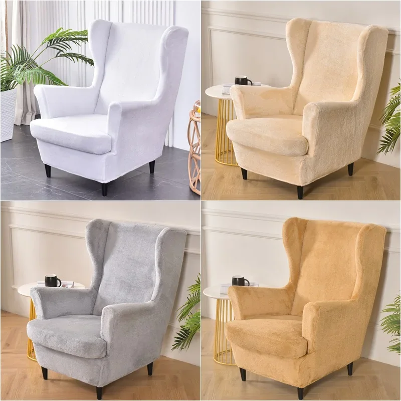 Thicken Plush Wing Chair Cover Stretch High Back Armchair Slipcovers Elastic Washable Single Sofa Covers with Seat Cushion Cover