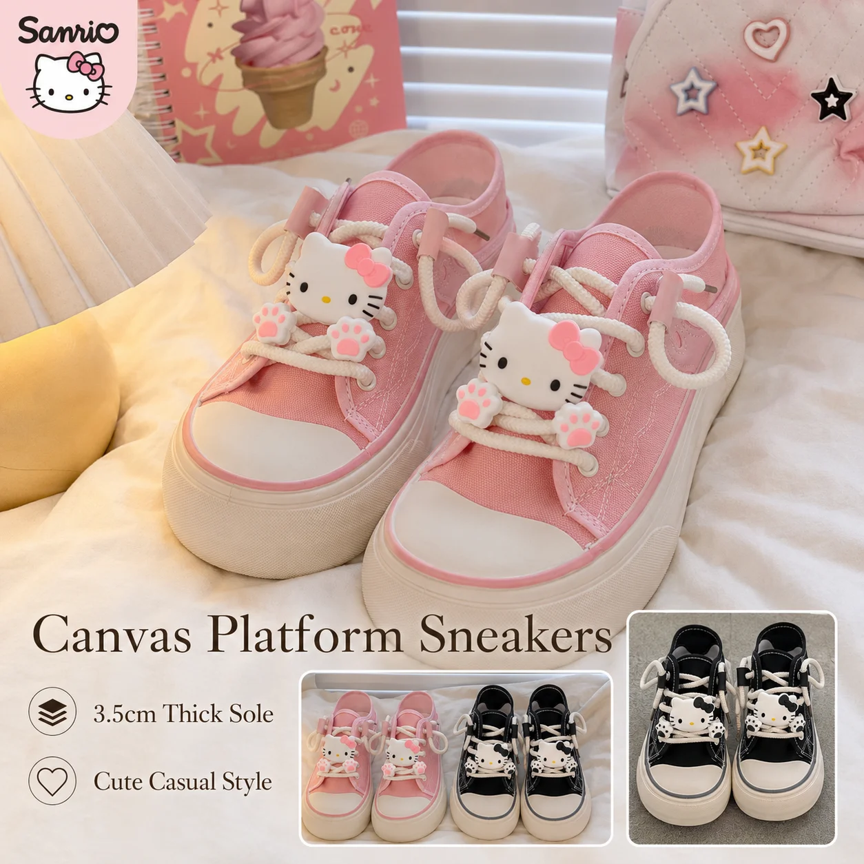 Sanrio Hello Kitty Teenage Girls Pink Black Students Spring Summer Cute Canvas Slip On Thick Height Increasing Platform Sneakers