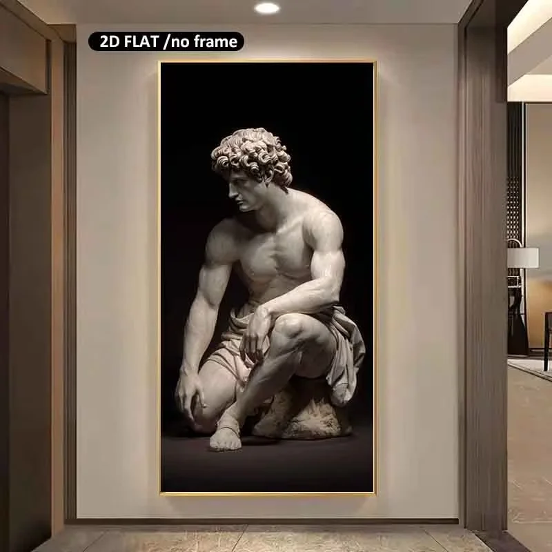 2D Flat, 2D Flat, Large Unframed Canvas of a Seated Male Sculpture with Curly Hair, Measuring 31.49X62.99 Inches Or 80X160 Cm, P