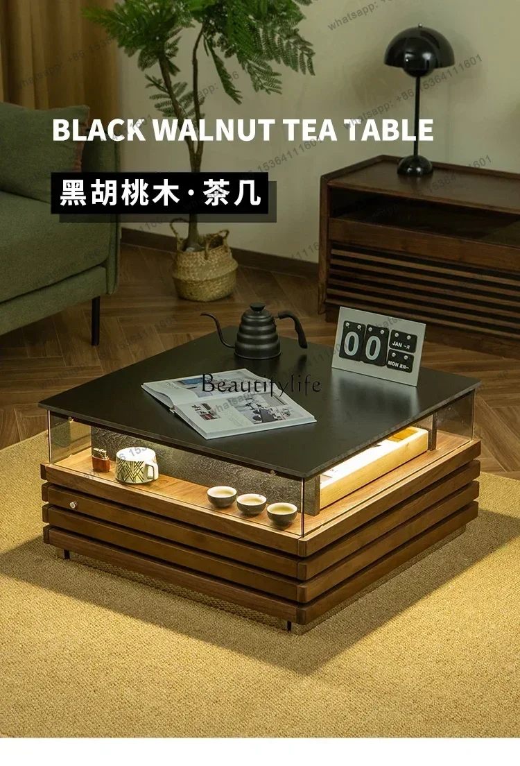 LXNordic Stone Plate Coffee Table Solid Wood Luminous Atmosphere Black Walnut Modern Square