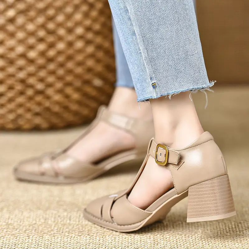 Neue 2026 Mode Echtleder-Sandalen für Damen mit Dicken Hohen Absätzen Büro-Kleiderschuhe Sommer-Damenschuhe Elegantes Schuhwerk – Detail 8