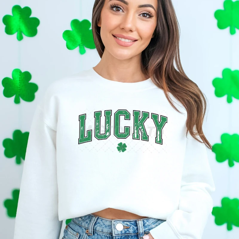 

Womens St Patrick's Day Lucky Clover Sweatshirt Jumper Happy Go Lucky Retro Pullovers Gift for St Patricks Day Pullovers Clothes