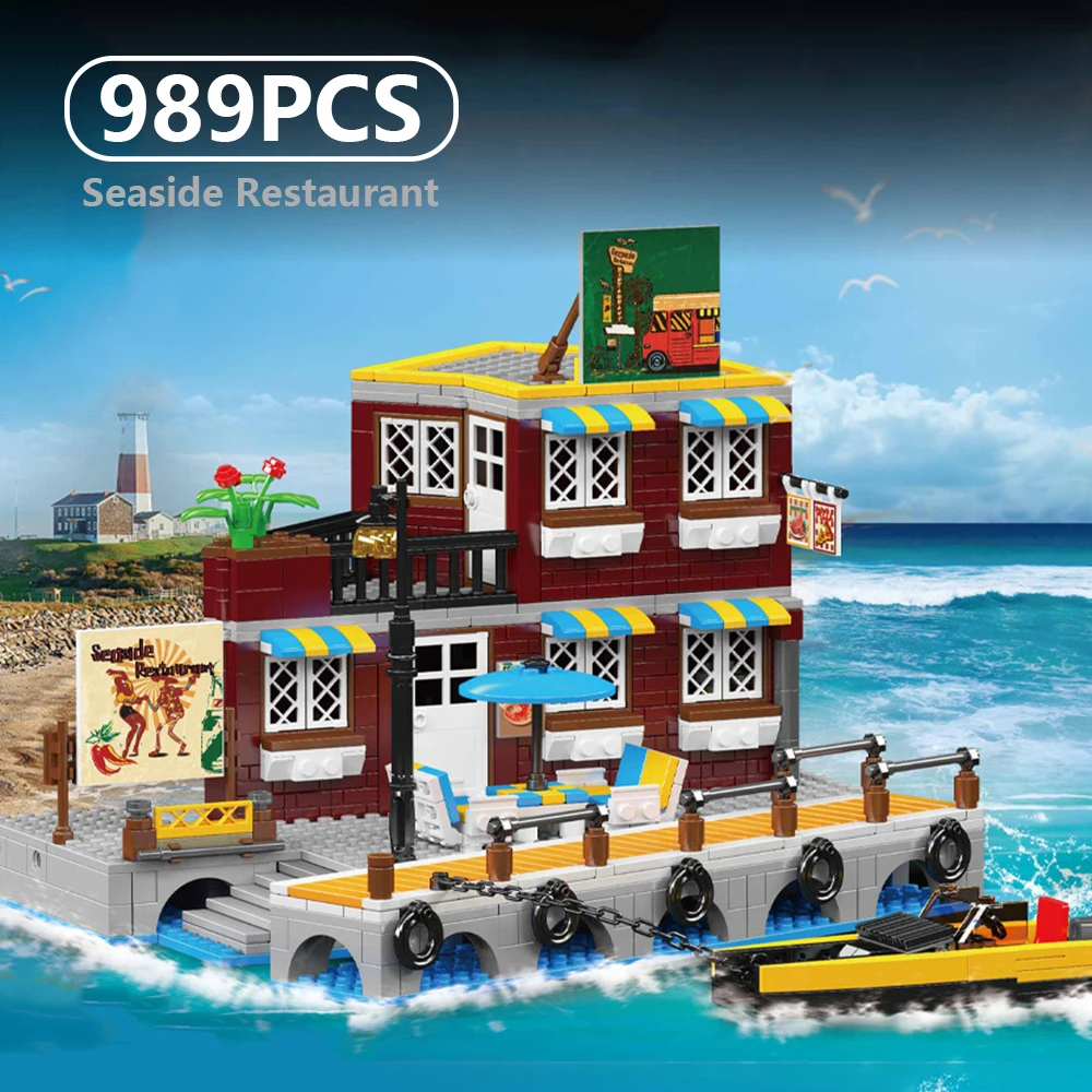 Small Architecture Seaside Restaurant Building Blocks Assembly Display Gift for Boys Girls