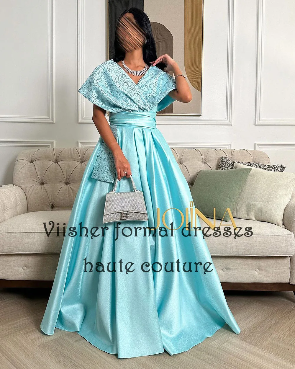 Aqua Green eine Linie Abendkleider für Frauen V-Ausschnitt Perlen Satin Arabisch Dubai Ballkleid boden lang feiern Event Kleider