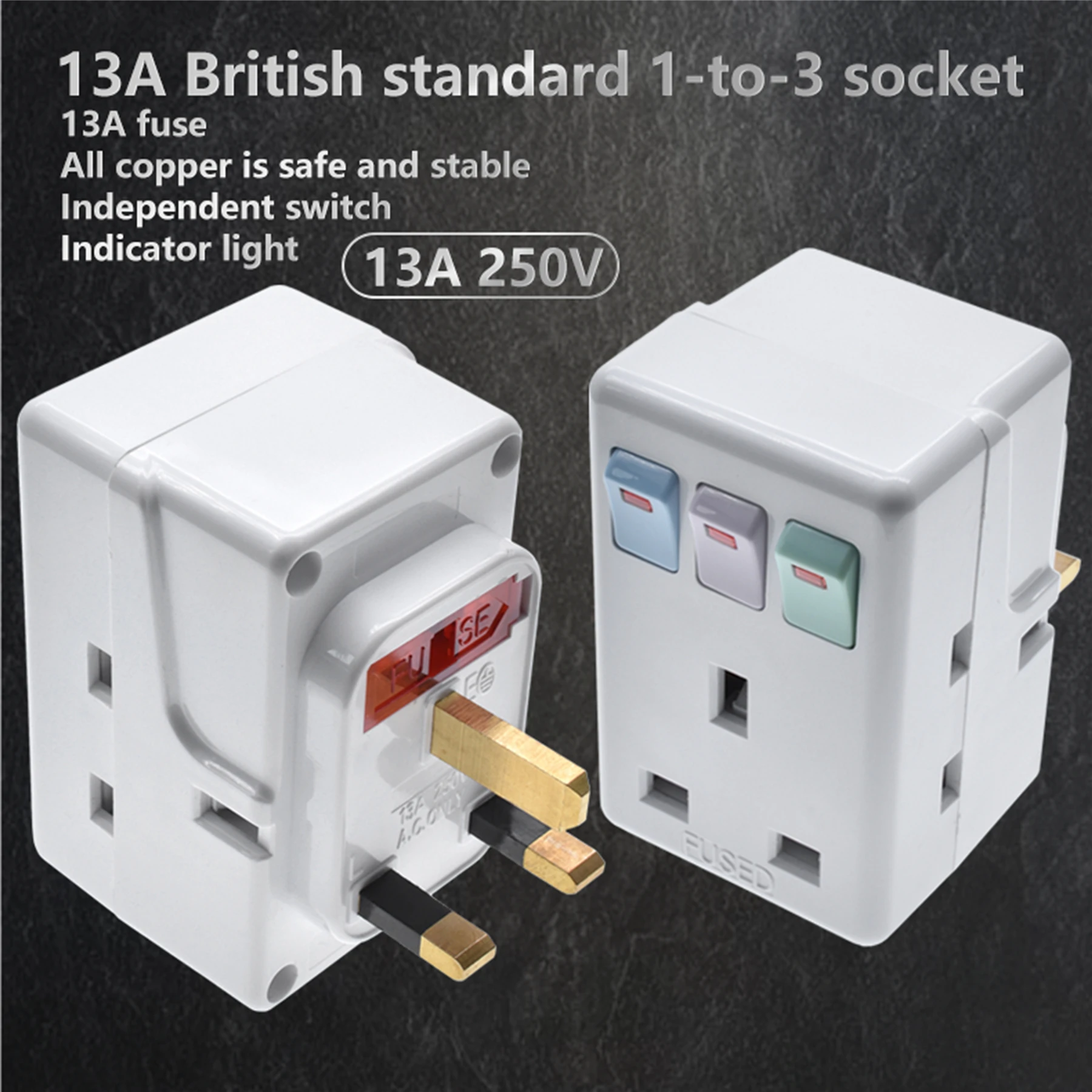 UK Plug 250V13A AC Portable Multi 1 to 3 ways Travel Adapter Power Malaysia Kong with Independent Control Switch Conversion Plug