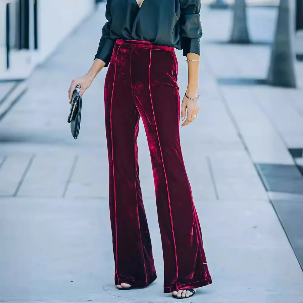 

2025 золотые бархатные брюки для женщин, модные прямые брюки с высокой талией, женские повседневные однотонные брюки, женская уличная одежда