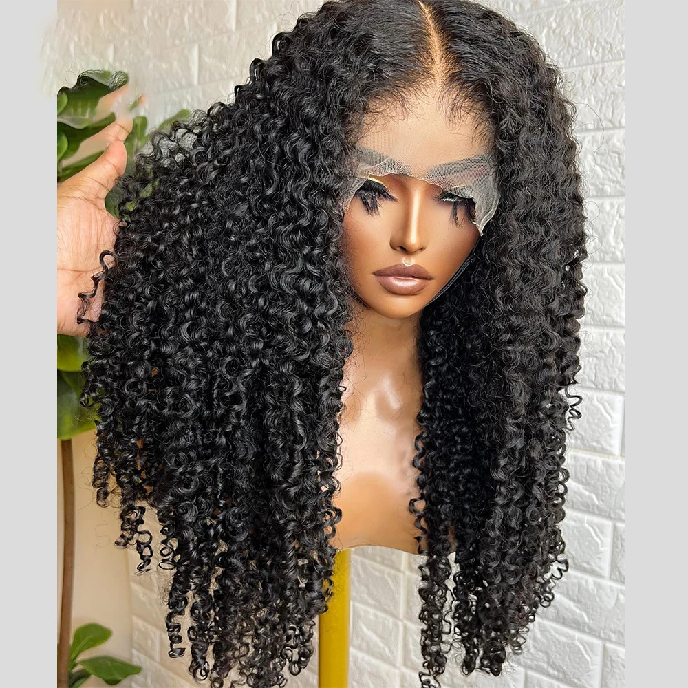 26 Polegada macio longo kinky encaracolado 180 densidade natural preto profundo peruca dianteira do laço para mulheres babyhair sem cola pré-selecionado sintético diariamente