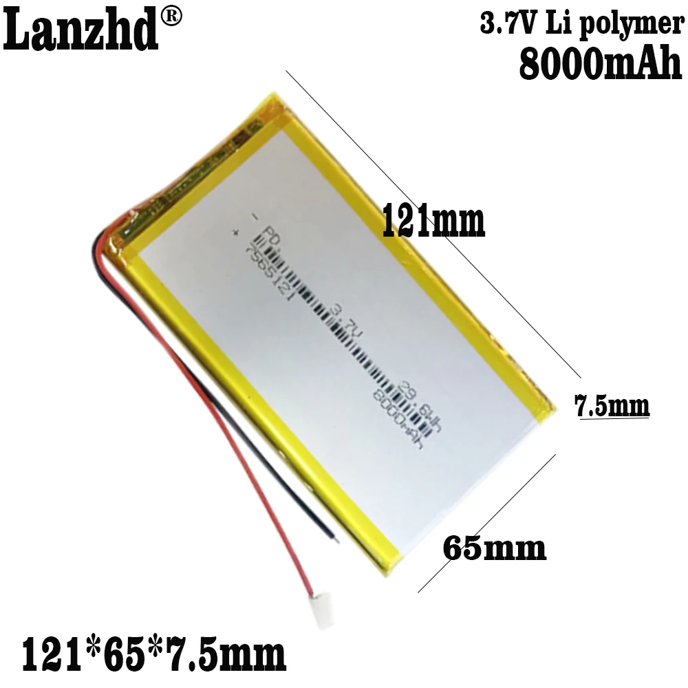 1-12PCS 3.7V Li polymer 8000mAh 7565121 Soft package battery For Power Bank Bluetooth Speakers Tablet DVD battery 7566121