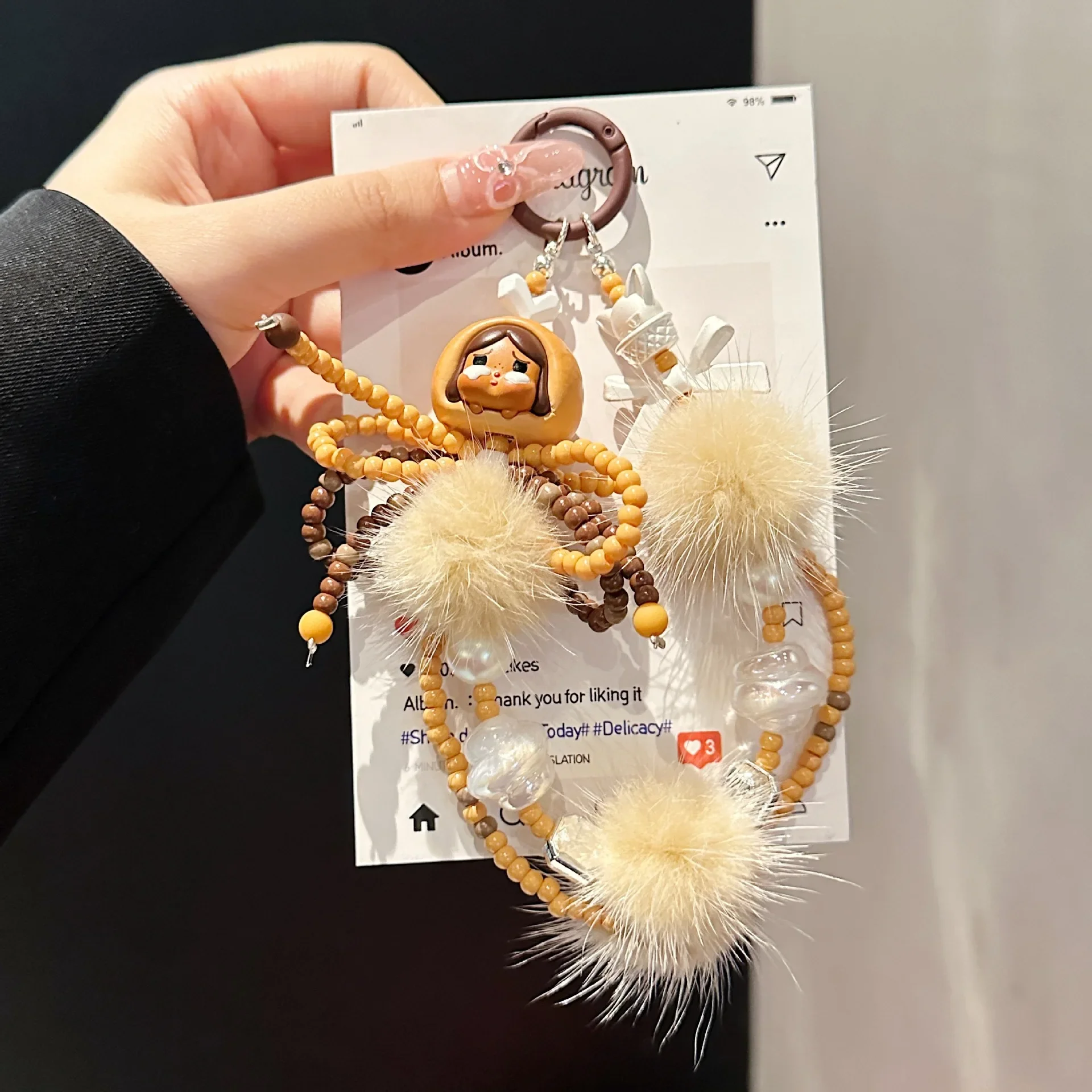 Fashionable and Cute Chain with Pompom and Bread Design for Keychains and Phone Chain