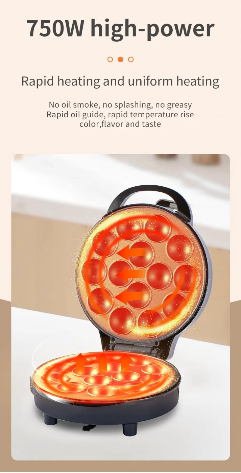 Máquina de pastel para el hogar, máquina de pan con quemador de pulpo de 14 orificios para hornear pasteles, fácil limpieza, calefacción circulante, luz LED