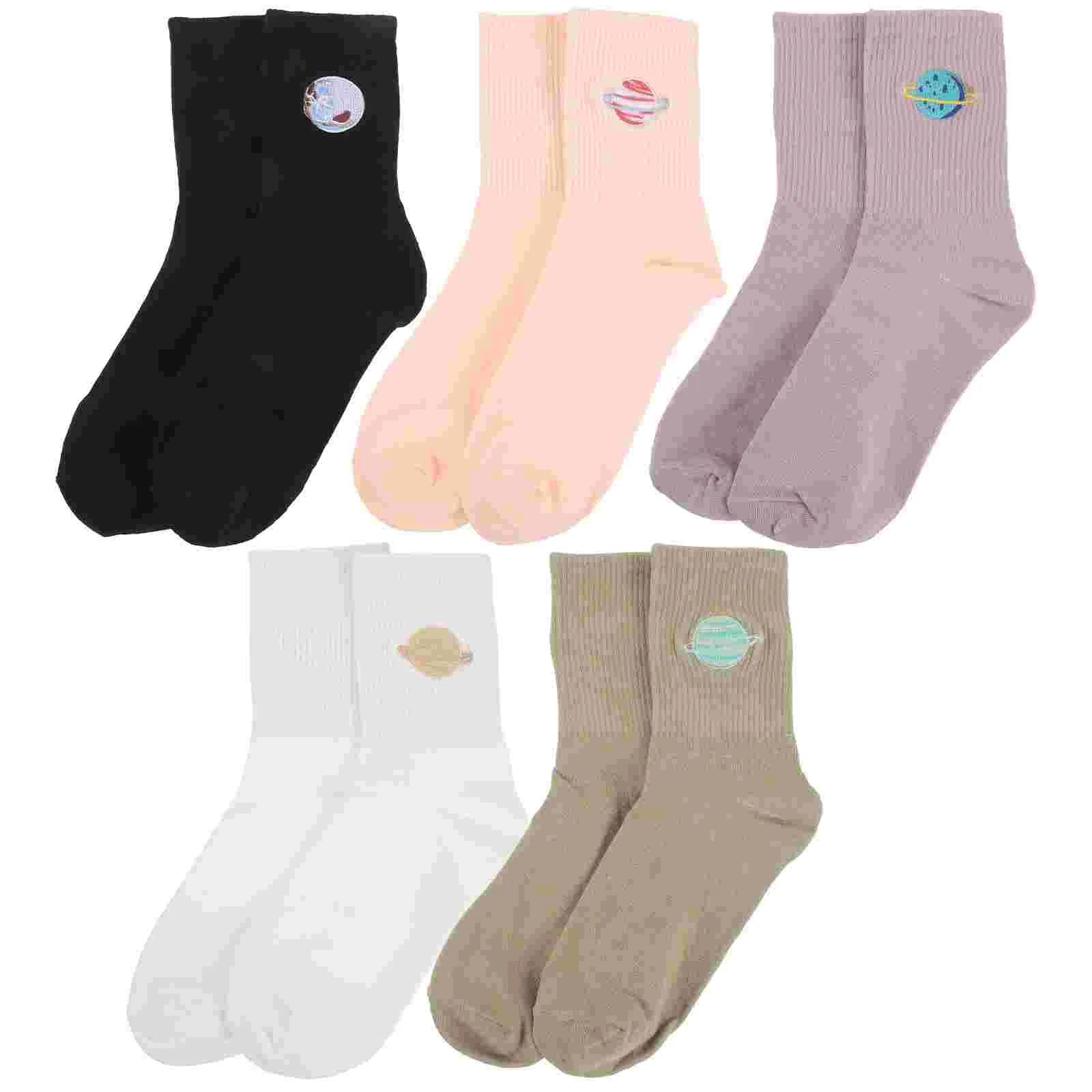 5 Pairs Socks Ladies Planet Mid-tube Embroidery Pattern Ankle Ordinary Cotton Stockings Green Adults Lovers Miss