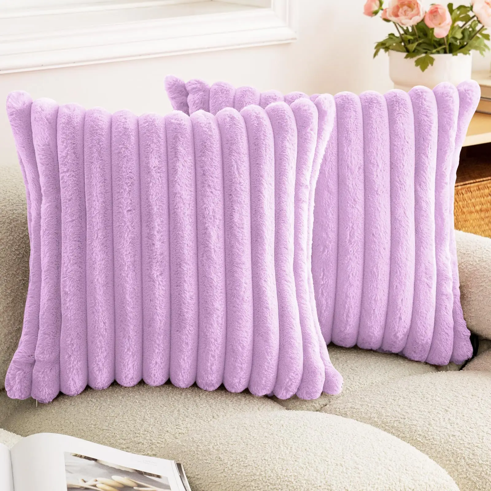 2pcs Pink Vertical Plush Cushion Cover Soft Comfortable Pillowcase for Home Living Room Bedroom Decoration Nap Companion Office
