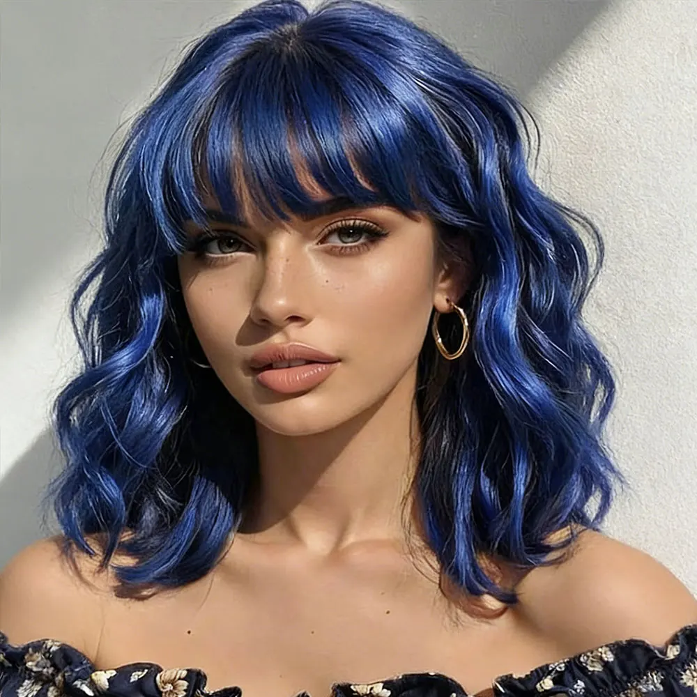 

Короткие волнистые парики-боб для женщин, 14-дюймовый глубокий синий кудрявый парик с челкой, синтетические волосы натурального цвета для Хэллоуина, косплея и повседневного использования