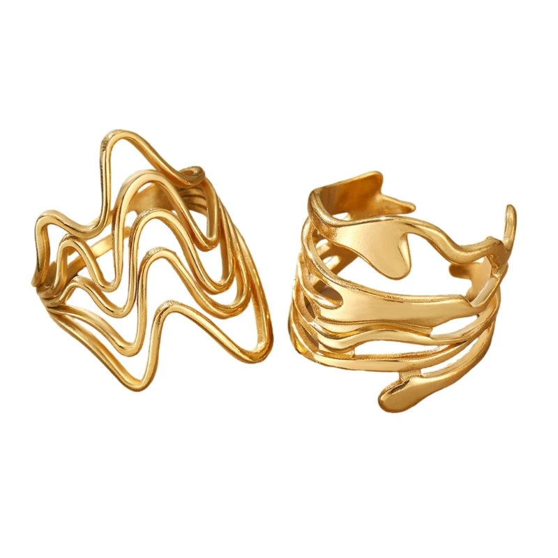 Pack of 2 Multifuntional Finger Jewelry Gold Irregular Lava Ring Set Opening Rings Set Present for Fashion Individuals