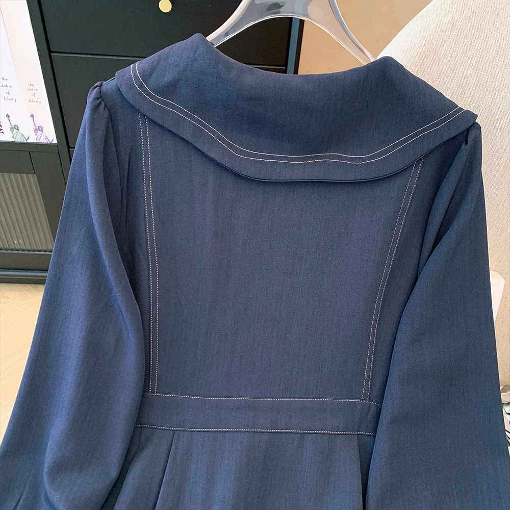 Abito da donna taglie forti primavera e autunno casual da pendolarismo ampio e comodo abito a maniche lunghe abbottonato stile retrò blu navy