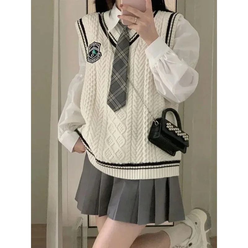 Japanese Cute School Uniform Women Korean Winter Knitting Sweater Skirt Sets V-neck Long Sleeve Jk Uniform School Girl Cosplay