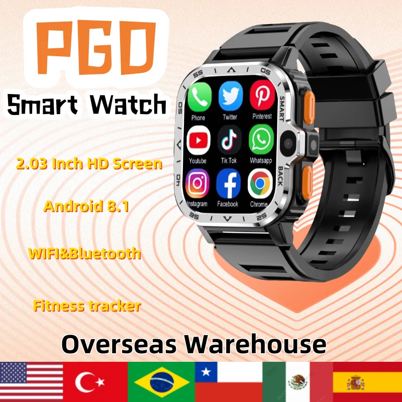 

PGD Смарт-часы 4G Полная сеть Android-системы 2,03-дюймовый 8 ГБ + 128 ГБ SIM-карта Двойная камера WIFI GPS Водонепроницаемые умные часы NFC Новые