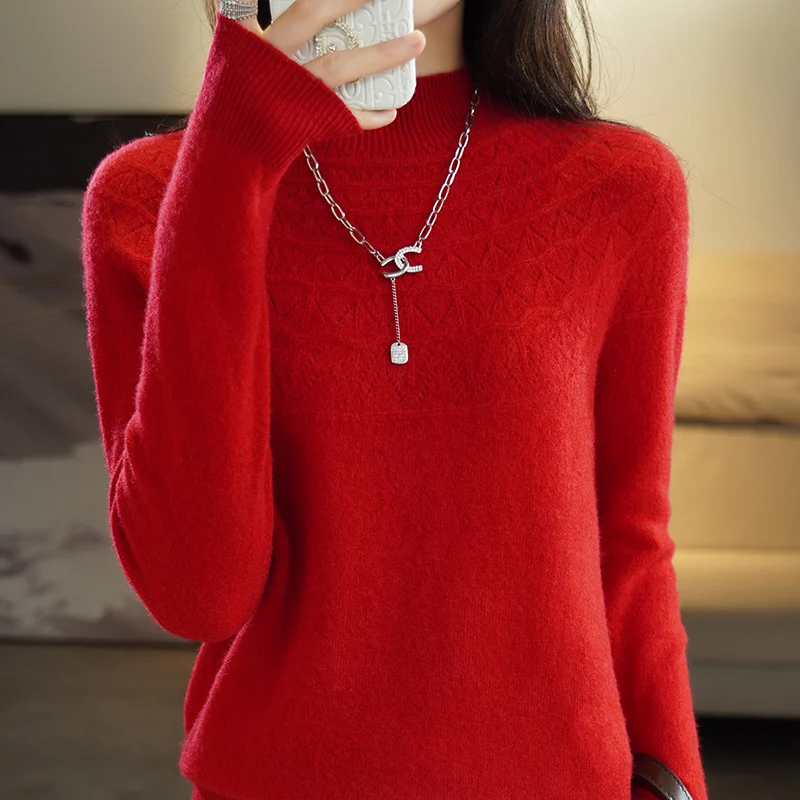 Autumn and winter 2022 hollowed out half high collar pullover 100% cardigan women\'s solid color casual long sleeve fashionable