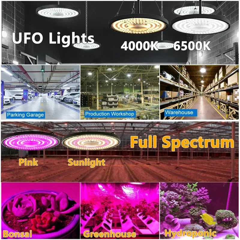 Full Spectrum LED Grow Light, Indoor Greenhouse Fill Light, planta hidropônica, lâmpada UFO, luz solar rosa, 4000K, 6000K, 100W, 150W, 200W, novo