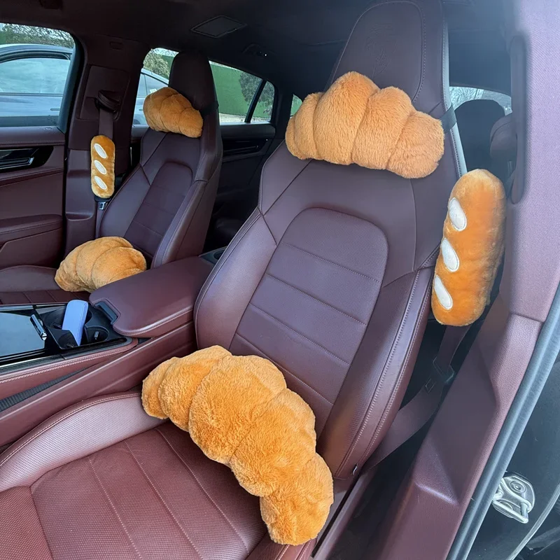 Cute Croissant Car Headrest Neck Pillow Plush Bread Seat Belt Cover Car Head Support Cushion Car Interior Decor Accessories