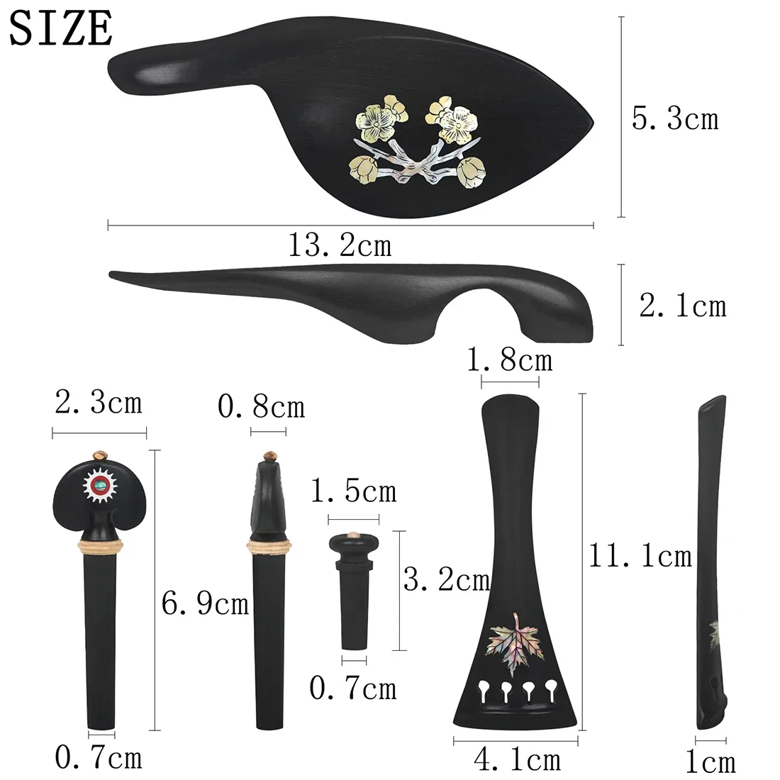 4/4-3/4 Violin 4-piece Set String Plate String Shaft Tail Pegs Cheek Rests Fine Patterns Ebony Colored Shells Violin Accessories