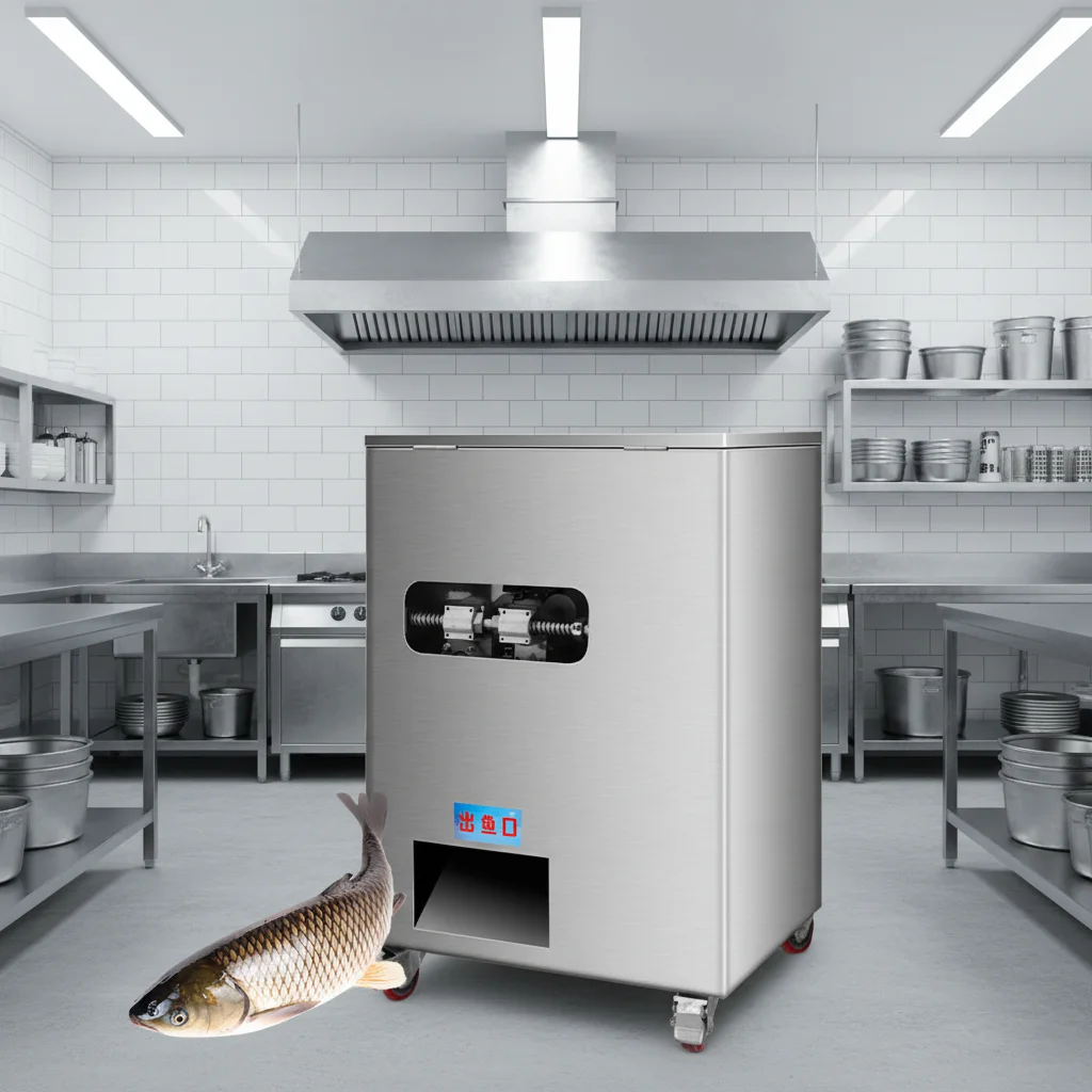 Fish cleaning machine, fish viscera removal and descaling machine, fish processing plant